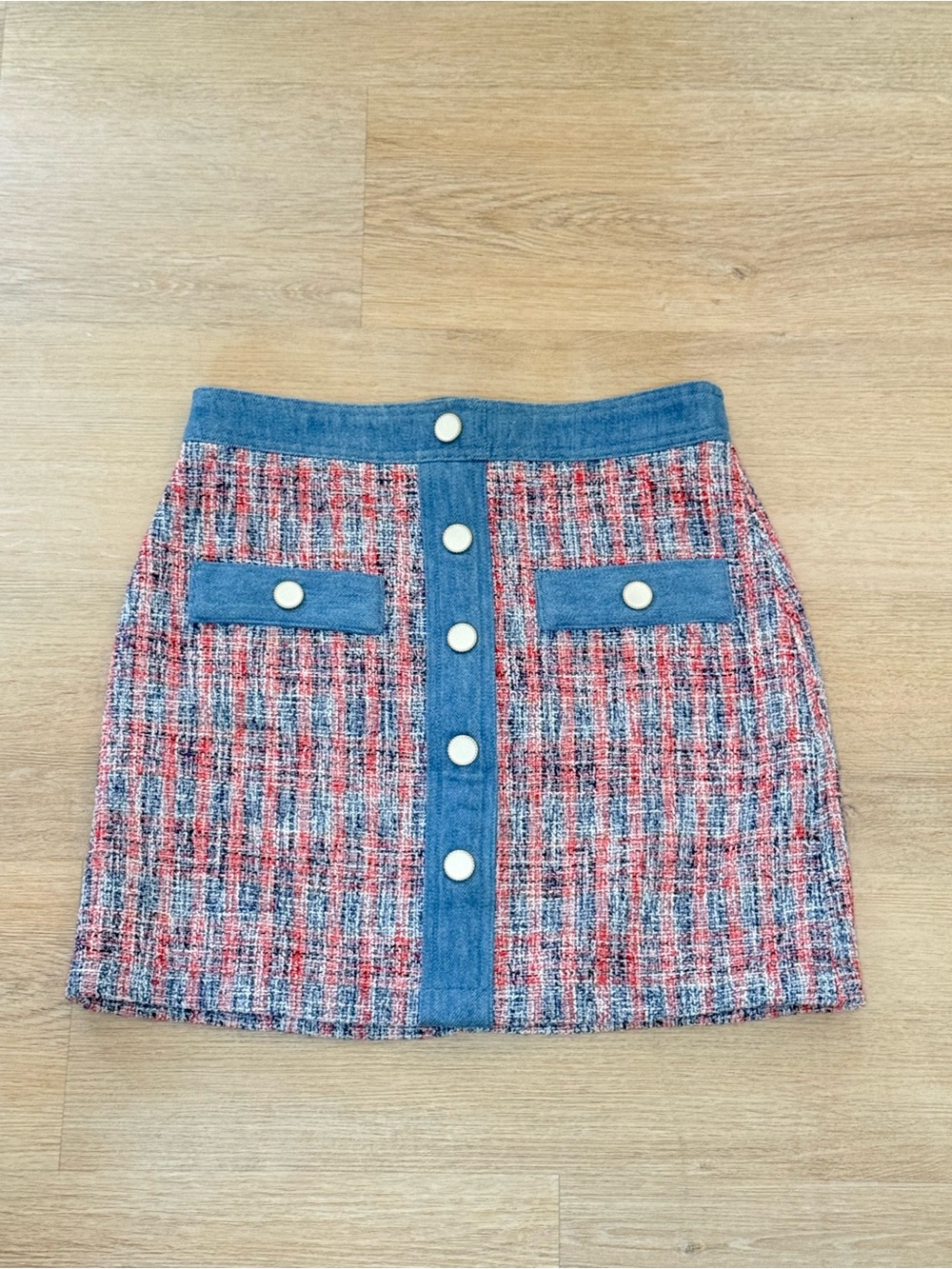 NWOT House of Harlow 1960 Blue-Trim Multicolor Tweed Button-Front Mini Skirt